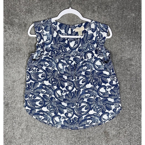 LOFT Petite Sleeveless Scoop Floral Top Womens Size Small SP Blue Ruffle Keyhole - Picture 1 of 7